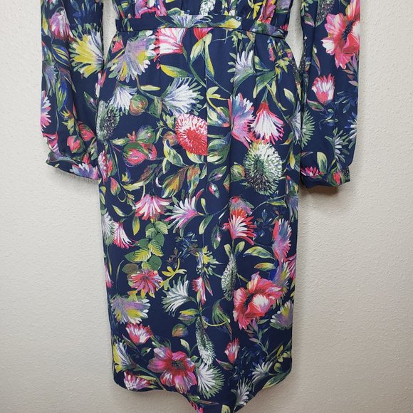 Jcrew Sz XS Tie-Neck Navy Floral Print Sheer Top Midi Dress (475) - Picture 5 of 10